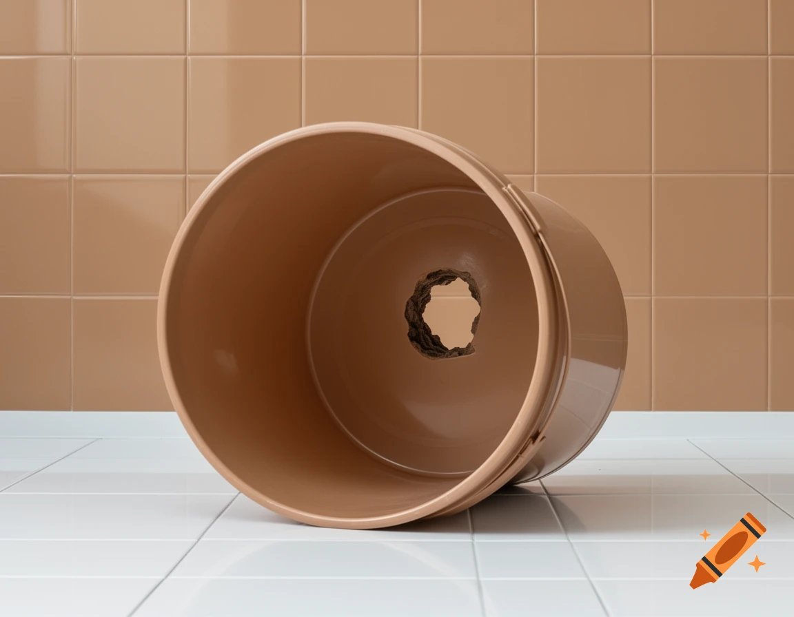 A light brown bucket with a large, rough hole in its bottom lies on white floor tiles against light brown wall tiles.