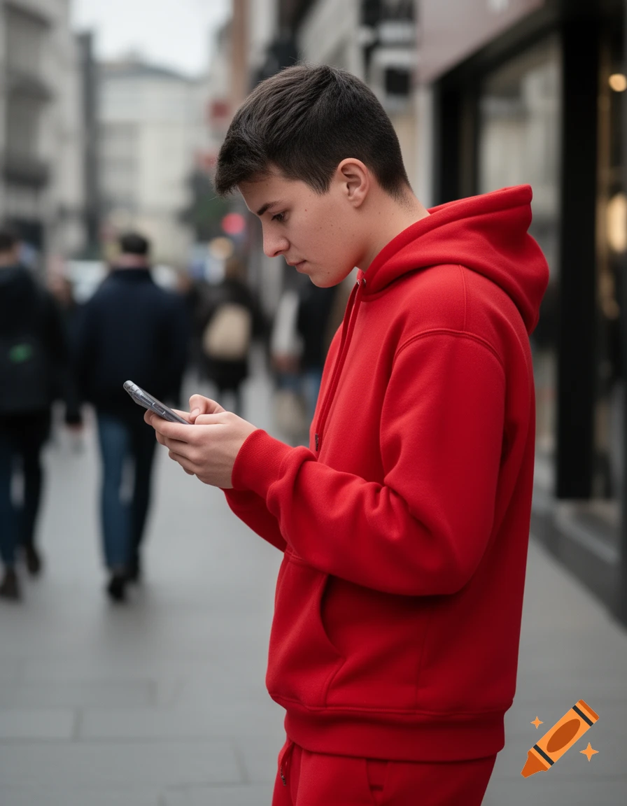 Young man in a red hoodie and trousers looking at his phone on a city sidewalk.