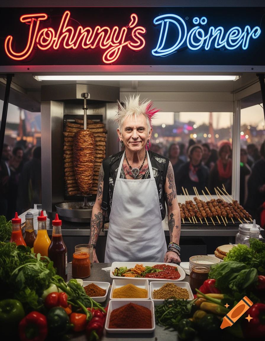A punk-rock-styled man with spiky hair and tattoos smiles, standing behind a "Johnny's Döner" food stall laden with ingredients.