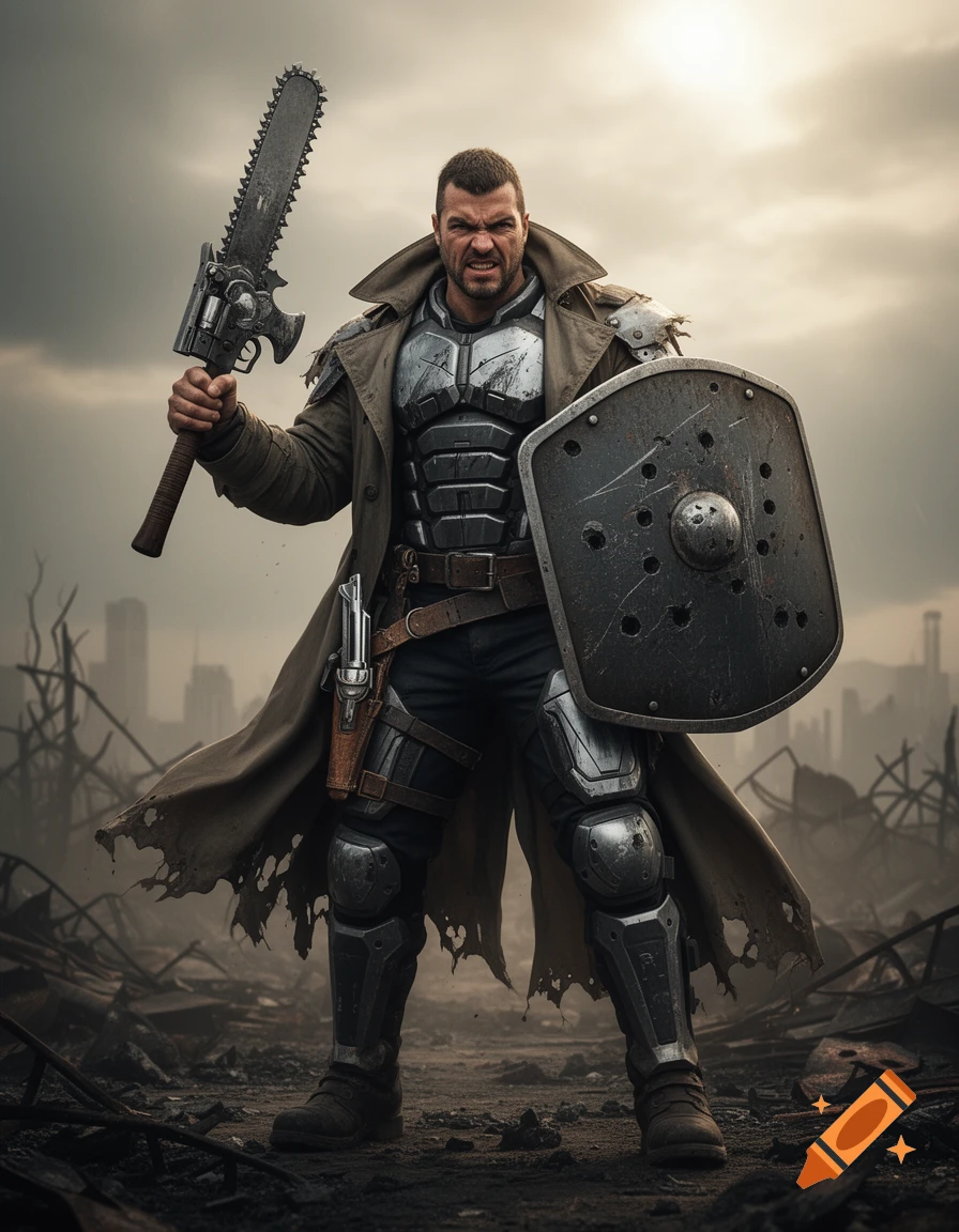 A muscular raider chief in a tattered trench coat and polymer armor holds a chainsaw weapon and a shield in a post-apocalyptic wasteland.