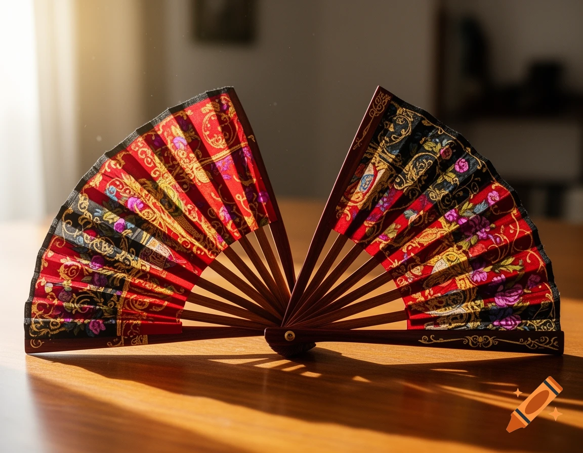 Two ornate, open Spanish-style fans with red and black floral patterns stand on a sunlit wooden table.