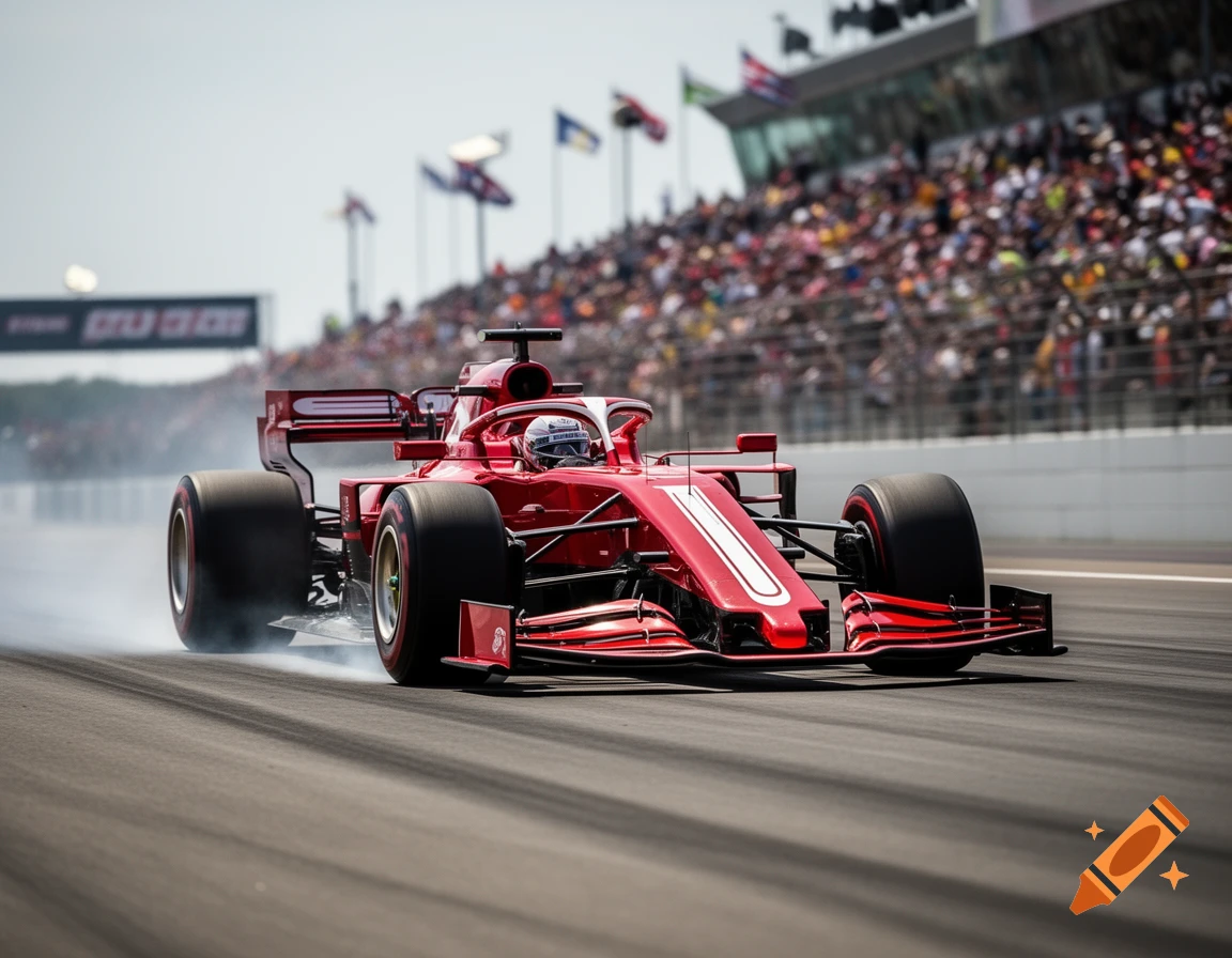 A photorealistic red Formula 1 race car speeds on a track, emitting smoke, with a crowd in a grandstand.