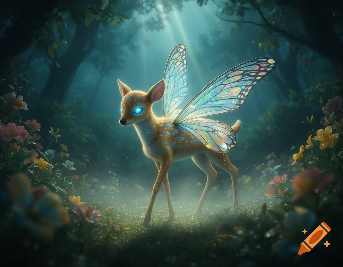 A luminous deer-like creature with iridescent butterfly wings and glowing blue eyes stands in a misty, magical forest.