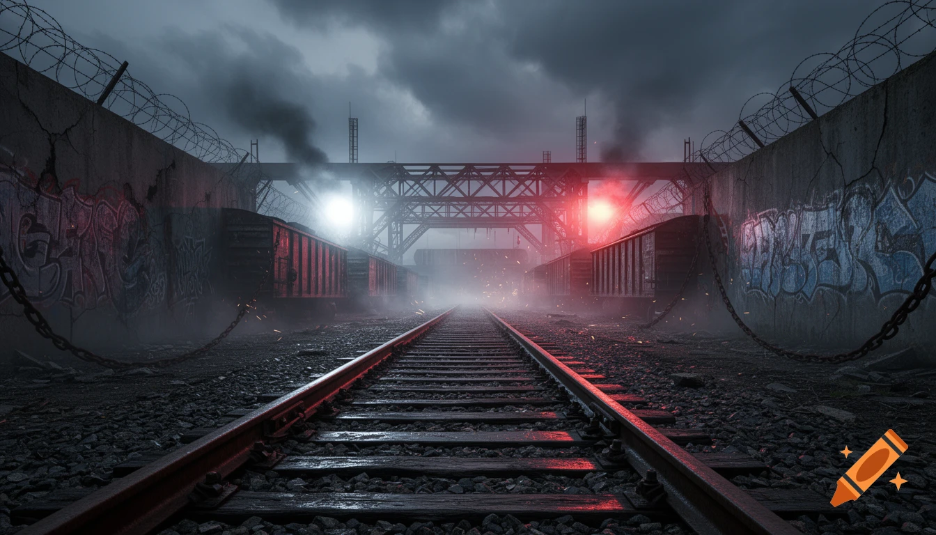A gloomy, industrial scene with train tracks leading into fog, flanked by concrete walls with graffiti and barbed wire under a dark, stormy sky.