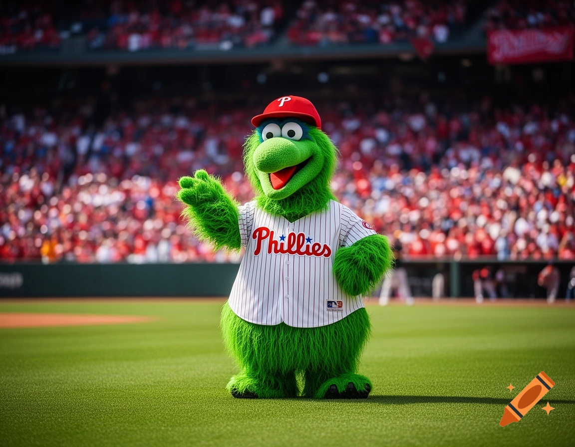 The green furry Phillie Phanatic mascot in a red cap and Phillies jersey waves on a baseball field in front of a stadium crowd.
