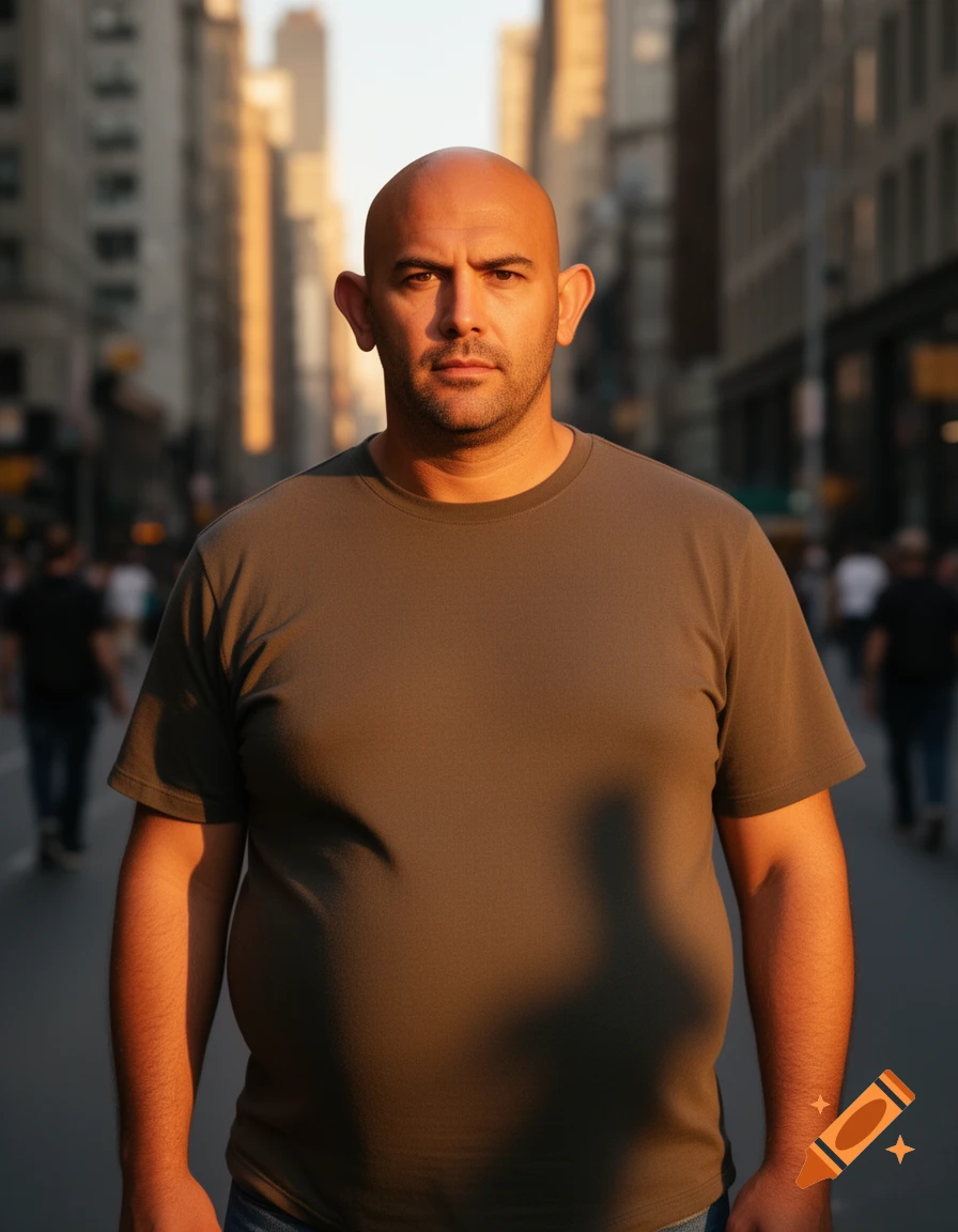 A bald, tanned man with prominent ears and a gut stands on a city street during golden hour, looking forward.