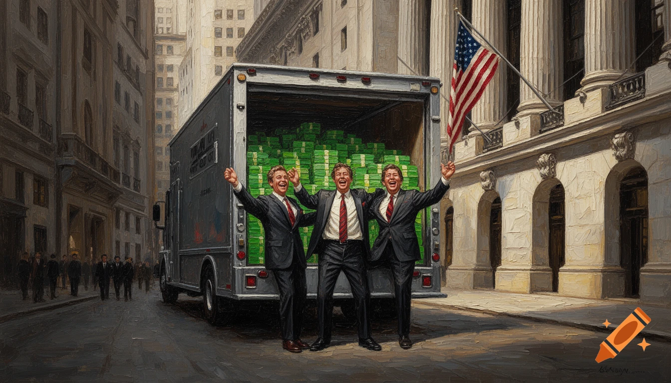 Impasto oil painting of three joyous businessmen in suits on Wall Street, standing before a truck overflowing with green cash, American flag visible.