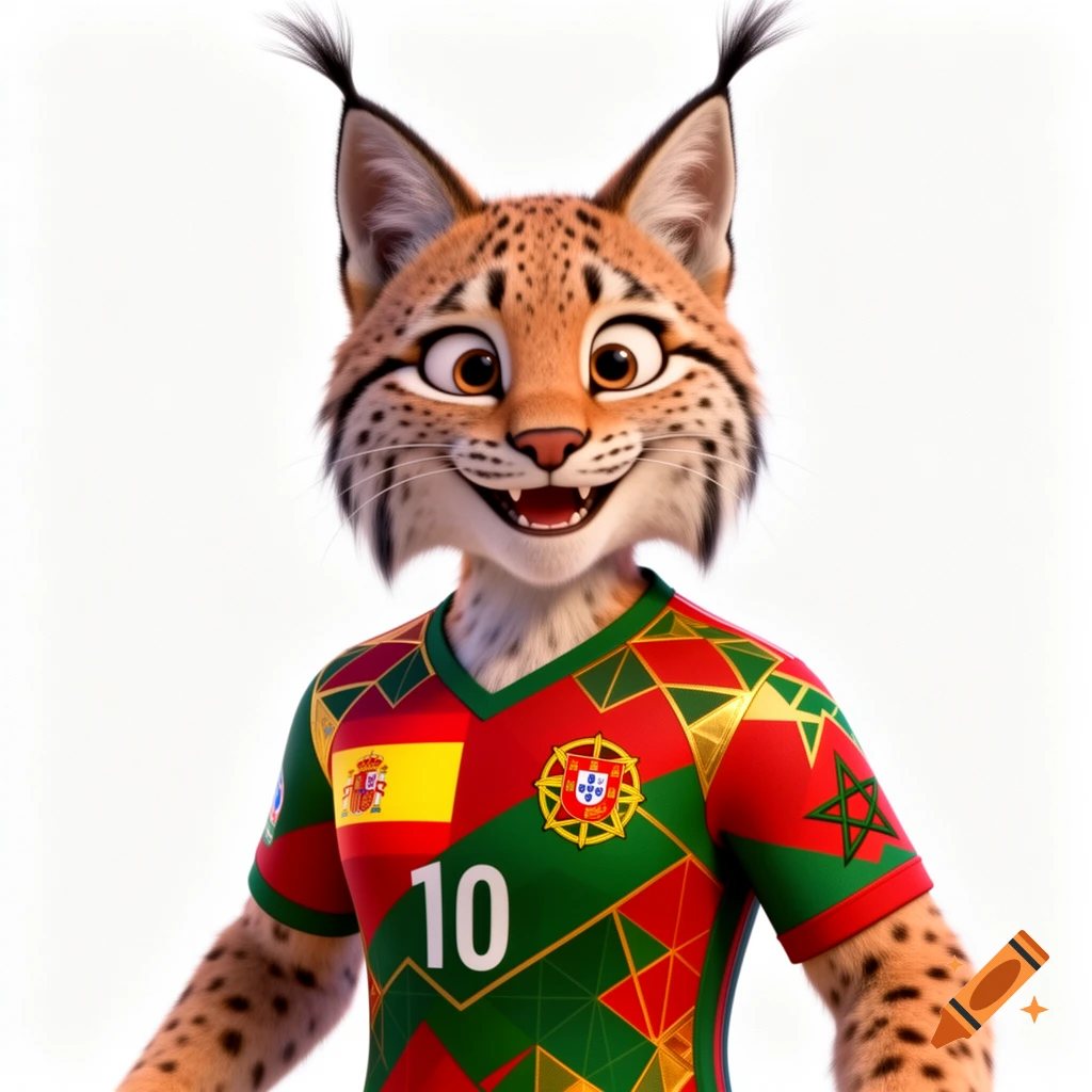 A friendly, animated lynx mascot in a red and green soccer jersey with '10' and flag elements, on a white background.