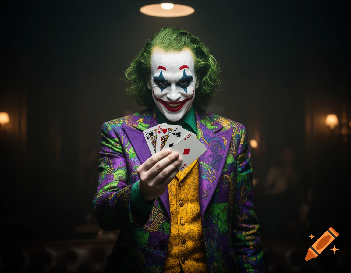 A smiling Joker clown, wearing a colorful suit and makeup, holds a hand of playing cards in a dimly lit room.