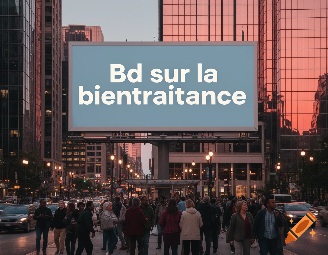 A photorealistic image of a busy city street at sunset, with a large billboard displaying "Bd sur la bientraitance" above a crowd of pedestrians.
