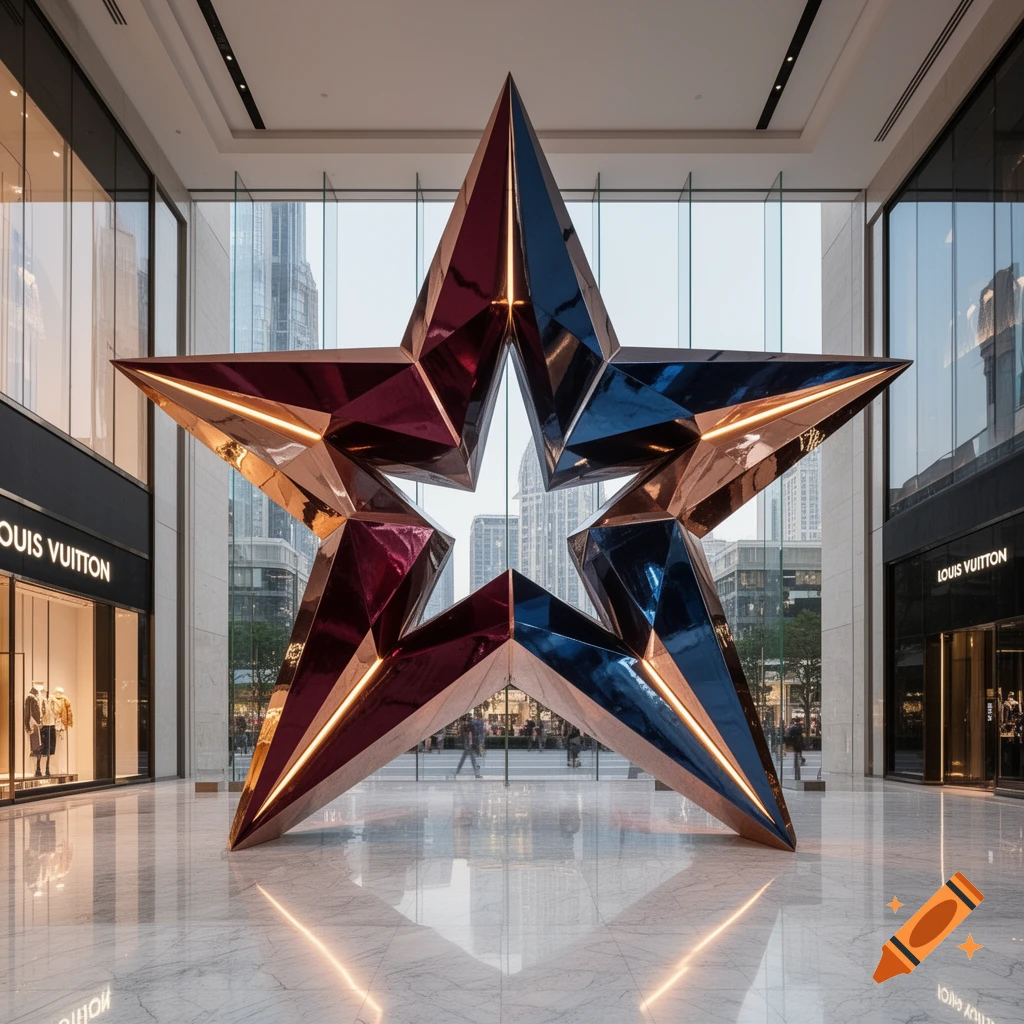 A large, faceted, metallic star sculpture with warm lighting stands in a modern luxury mall atrium with a Louis Vuitton store.