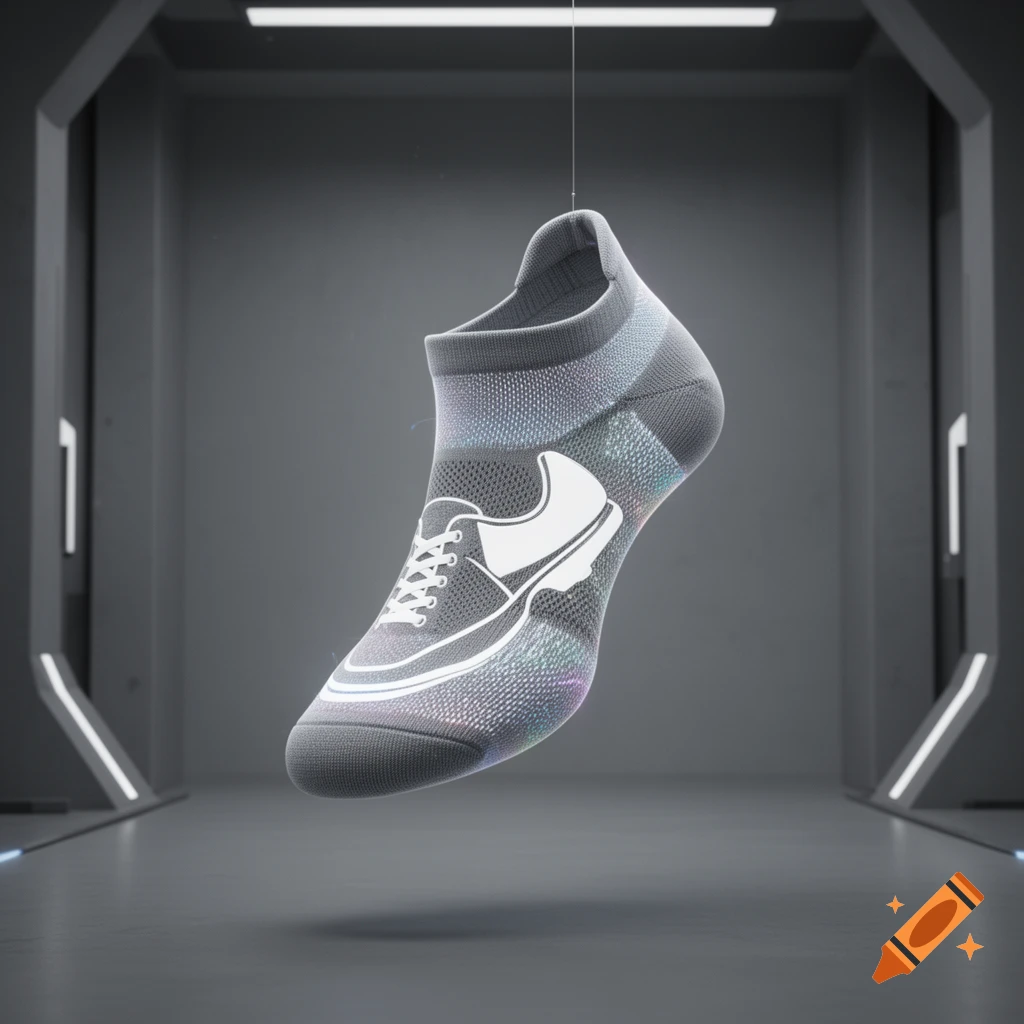 A grey athletic sock with a white shoe outline and glowing colorful accents floats in a dark, futuristic corridor.