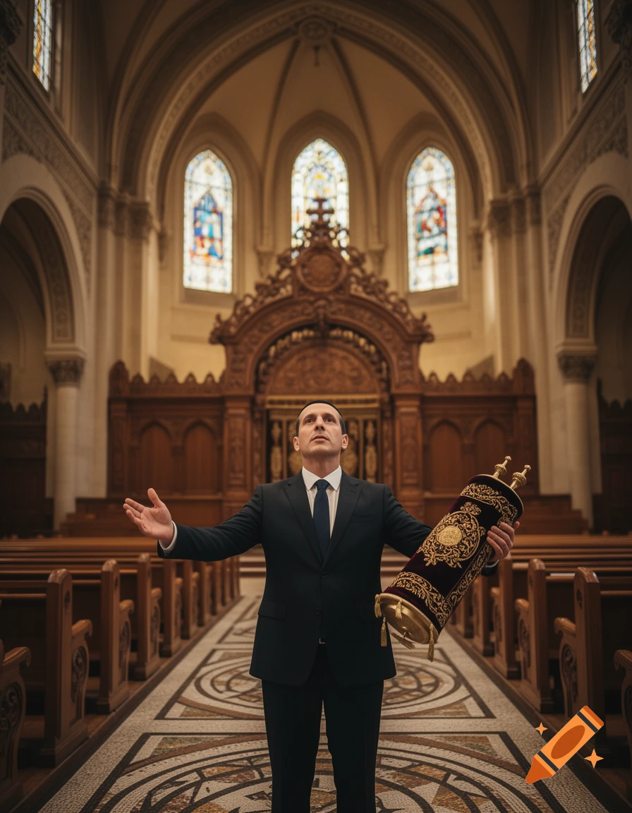 A man in a suit stands in a grand religious building, holding a Torah scroll, with arms outstretched.