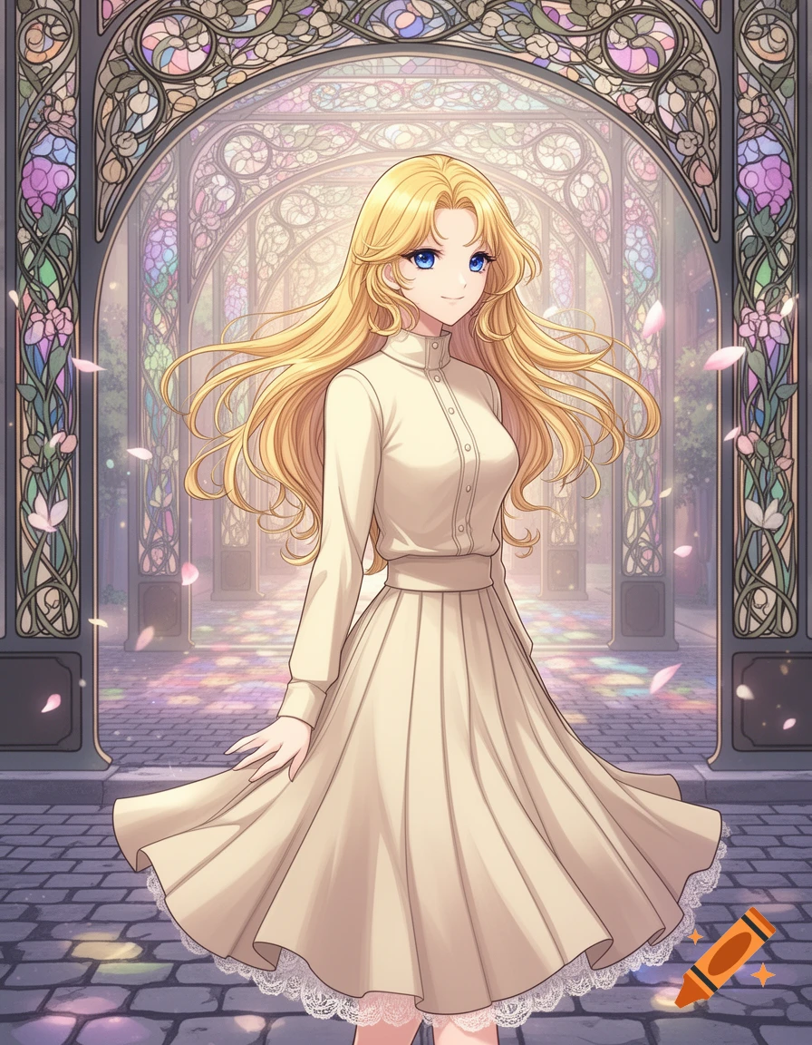 A blonde anime woman in a cream dress stands before ornate stained glass arches with falling petals.
