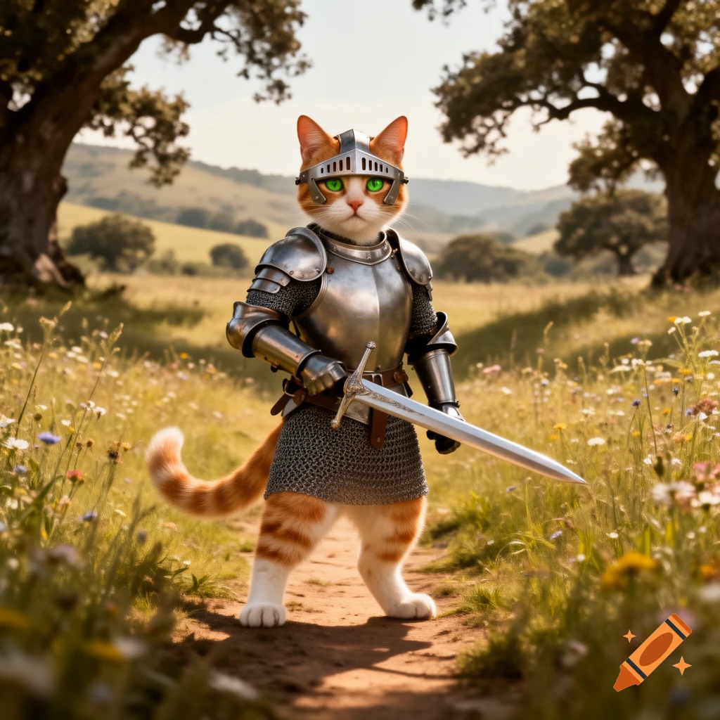 An orange and white cat knight with green eyes, wearing armor and holding a sword, stands on a dirt path in a sunny, grassy field.