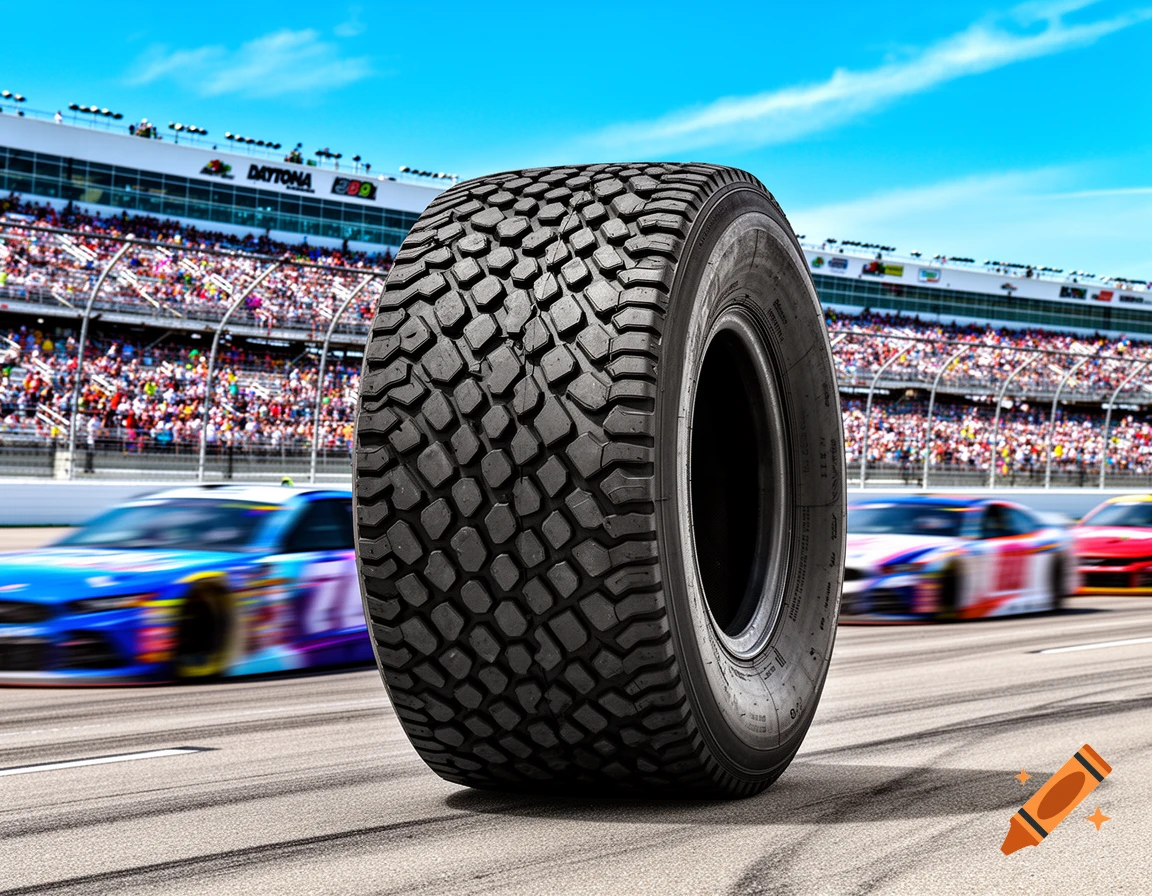 A large, rugged tire stands on a race track as blurred NASCAR cars speed past in the background, with a stadium full of spectators under a blue sky.