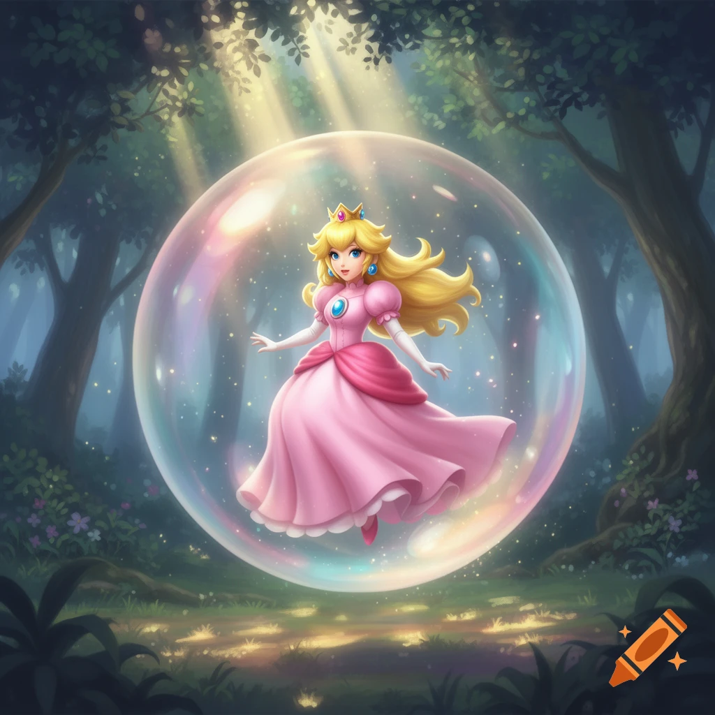 Princess Peach in a pink dress floats inside a large iridescent bubble in a magical, sun-dappled forest, cartoon style.