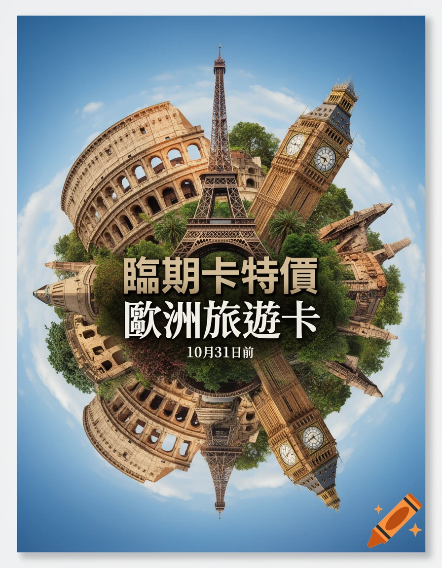 A travel poster depicting a tiny planet of European landmarks, including the Colosseum, Eiffel Tower, and Big Ben, with Chinese text.