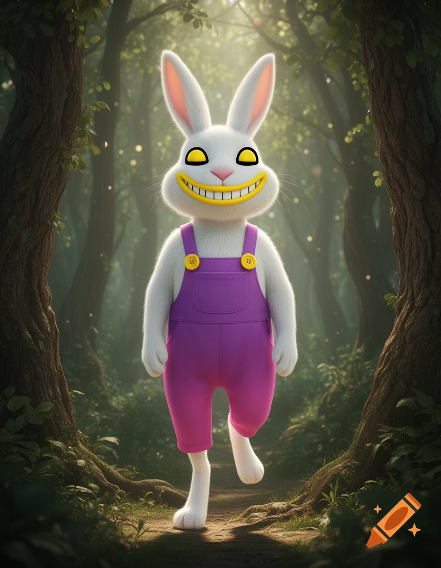 A white furry rabbit in purple overalls with yellow buttons and a wide yellow smile with black eyes stands on a forest path.