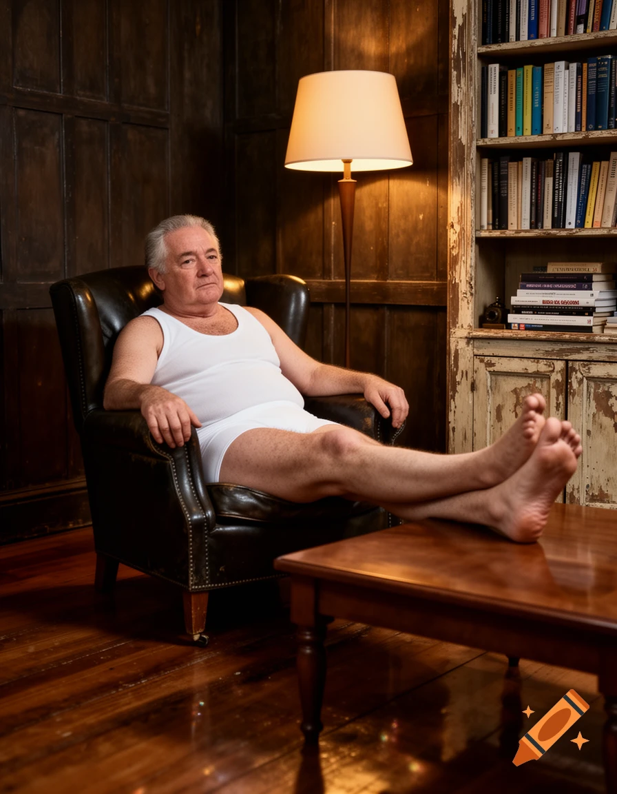 An older man in a white vest and briefs sits relaxing in a leather armchair, feet up on a table, in a dimly lit room with a bookshelf.