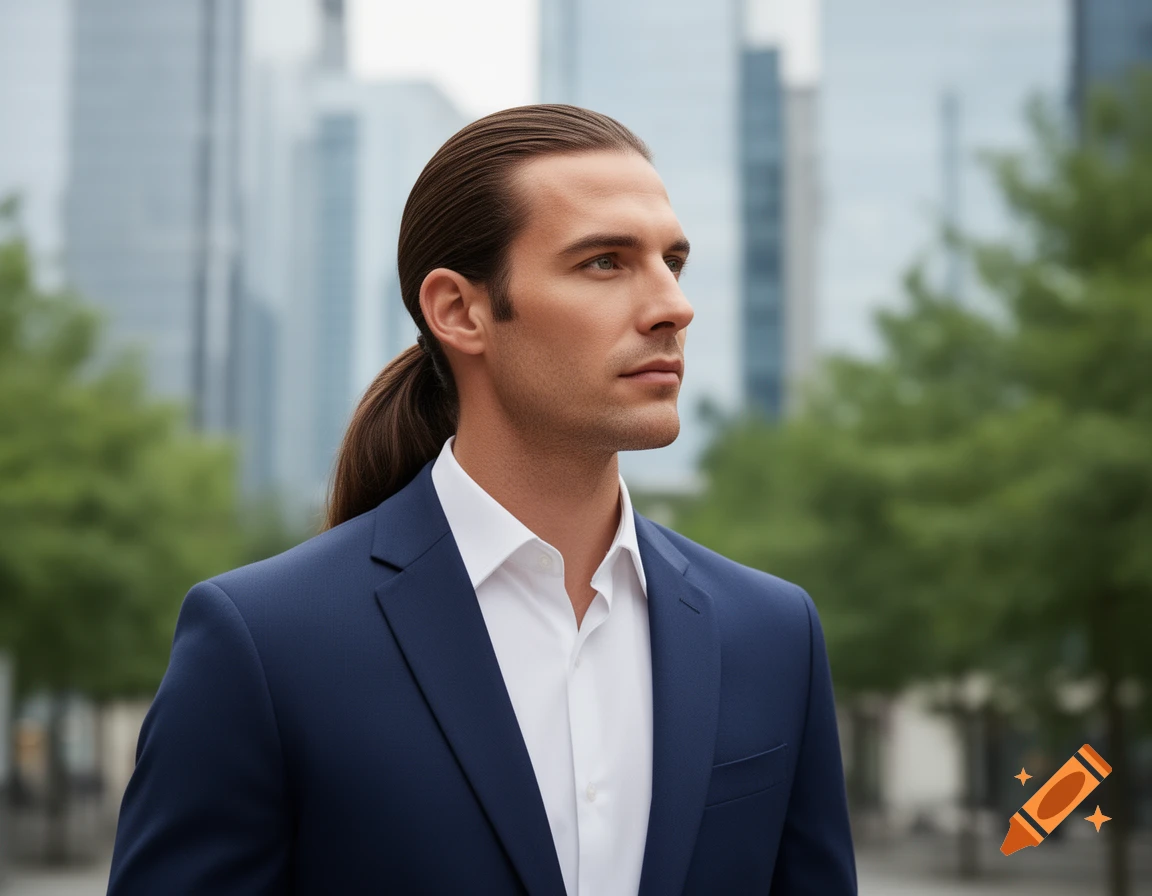 A photorealistic portrait of a man with a ponytail in a navy suit, looking right with a city skyline behind him.