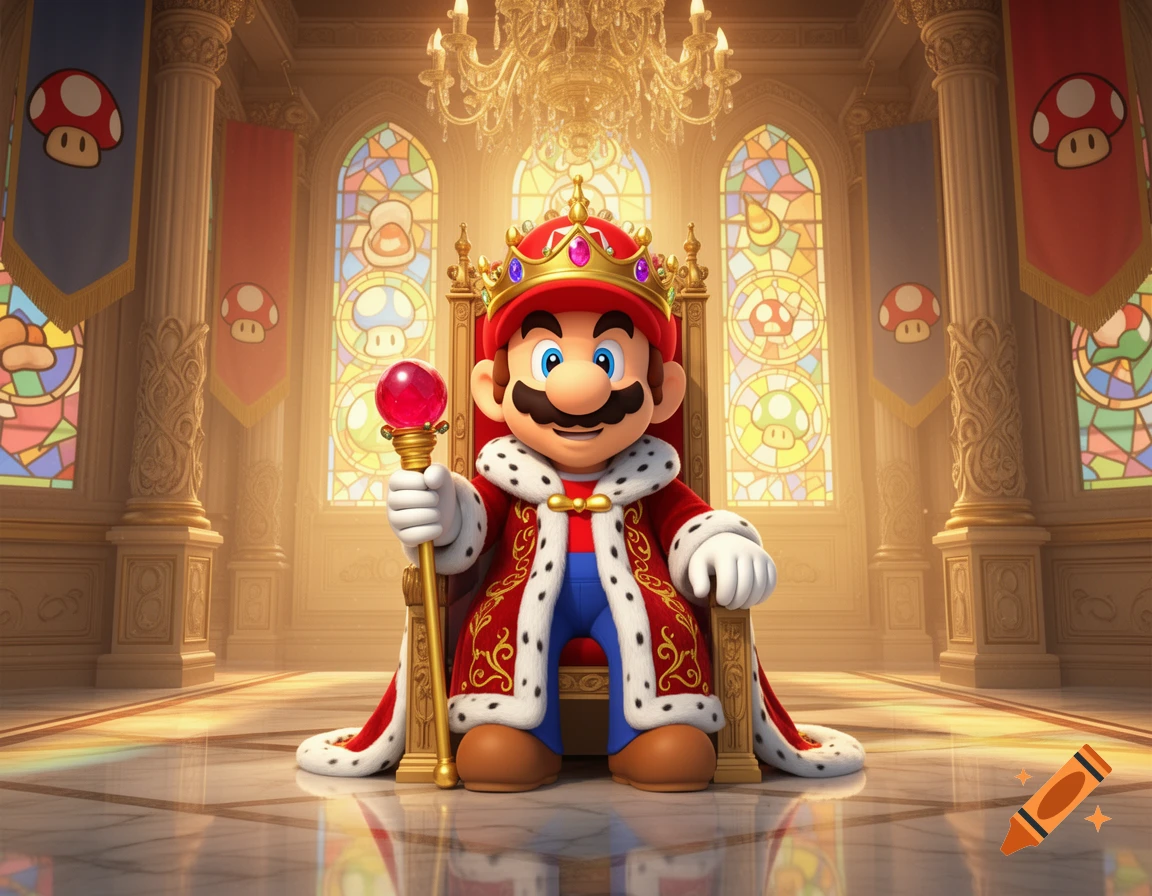 Mario as a king sits on a golden throne, holding a scepter, in a regal castle with stained glass windows.