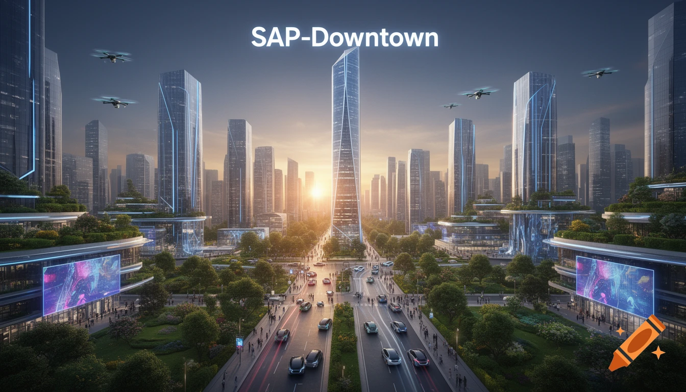A futuristic city at sunset with glass skyscrapers, green rooftops, drones, autonomous vehicles, and "SAP-Downtown" text in the sky.