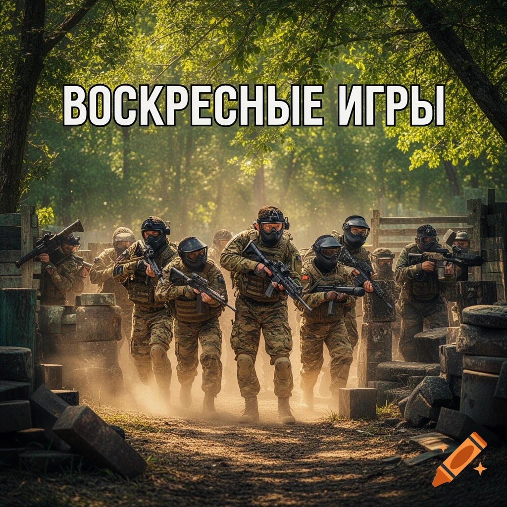 Photorealistic image of a group of people in military camouflage and gear, holding paintball/airsoft guns, walking through a dusty forest clearing with barriers. Text says 'ВОСКРЕСНЫЕ ИГРЫ'.