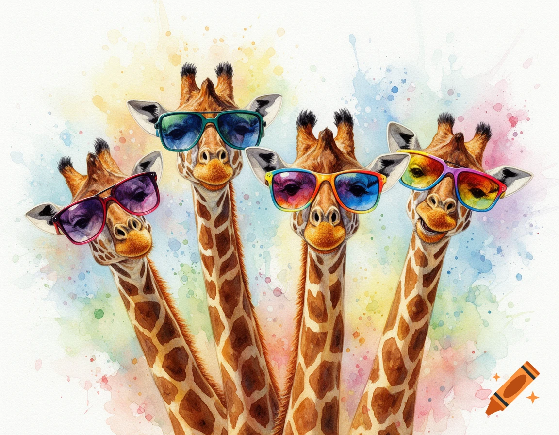 Four cute giraffes wearing colorful sunglasses in a vibrant watercolor painting with splashes.