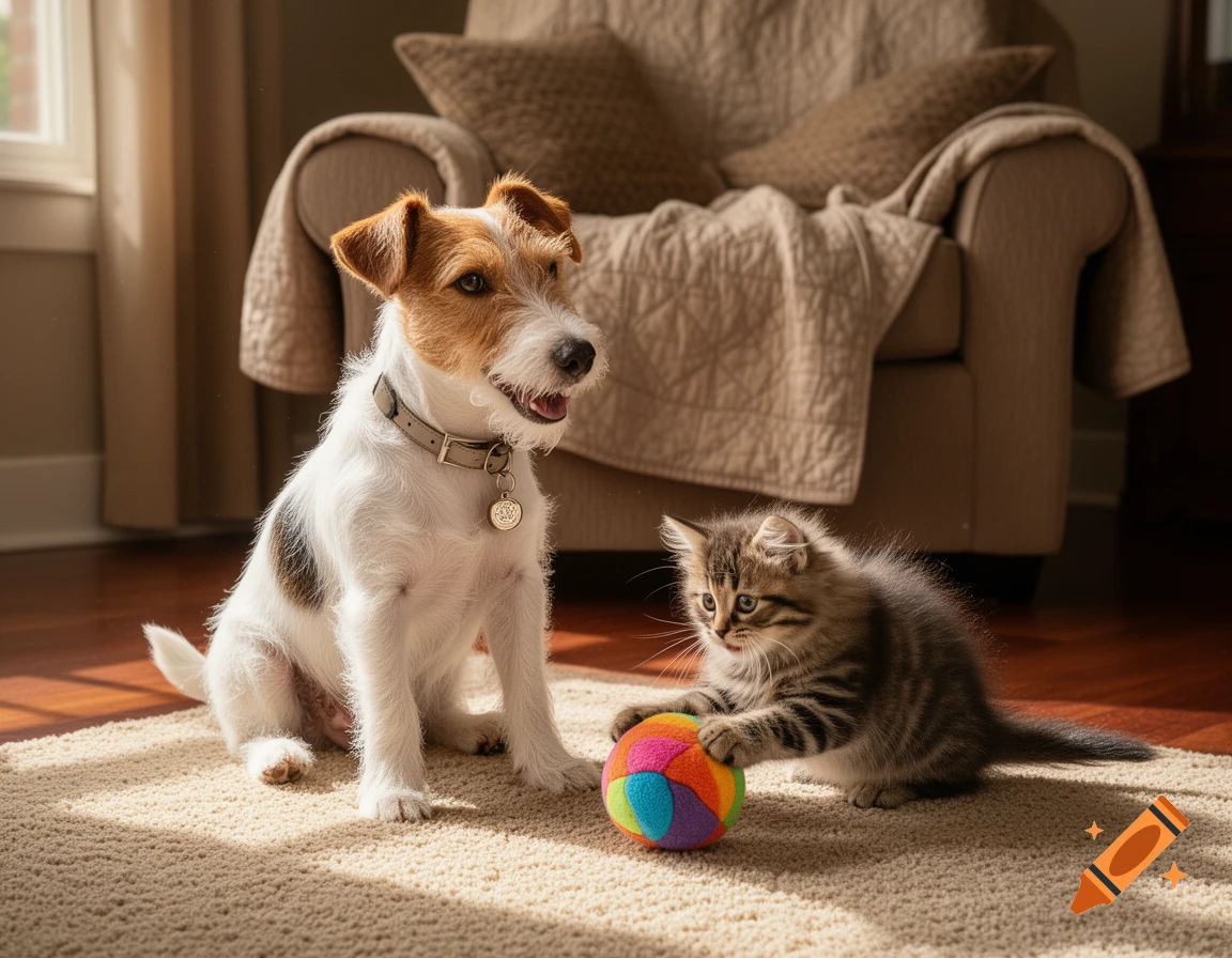 A fox terrier dog watches a tabby kitten batting a colorful ball on a beige rug in a sunlit room.
