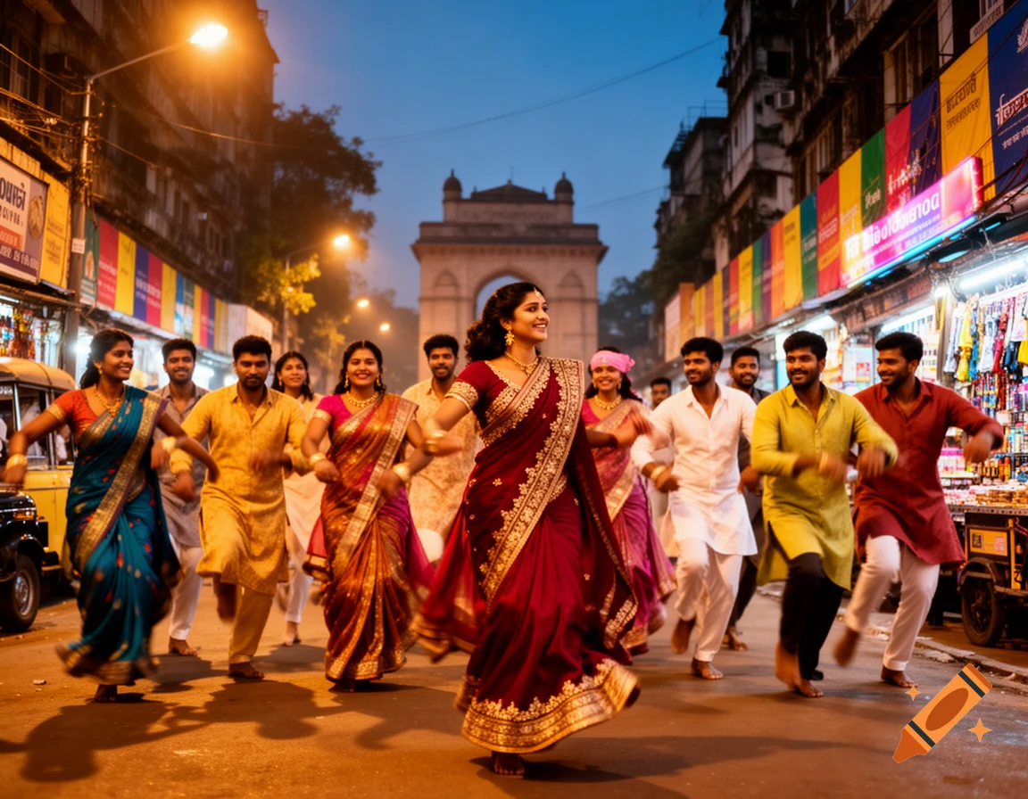 A group of traditionally dressed men and women smiling and dancing barefoot in a bustling Indian street at dusk, with an archway in the background.