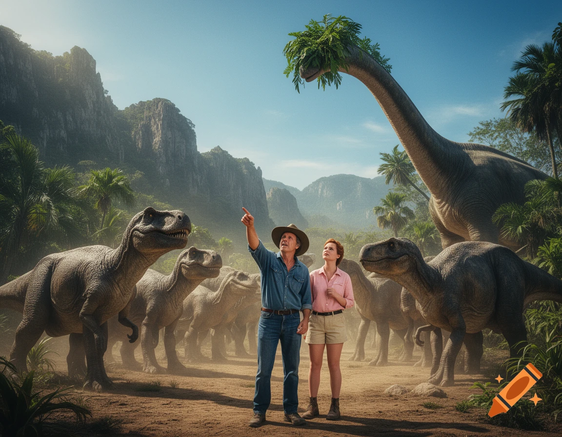 A man points at a tall brachiosaurus while a woman looks up, surrounded by other photorealistic dinosaurs in a lush jungle.