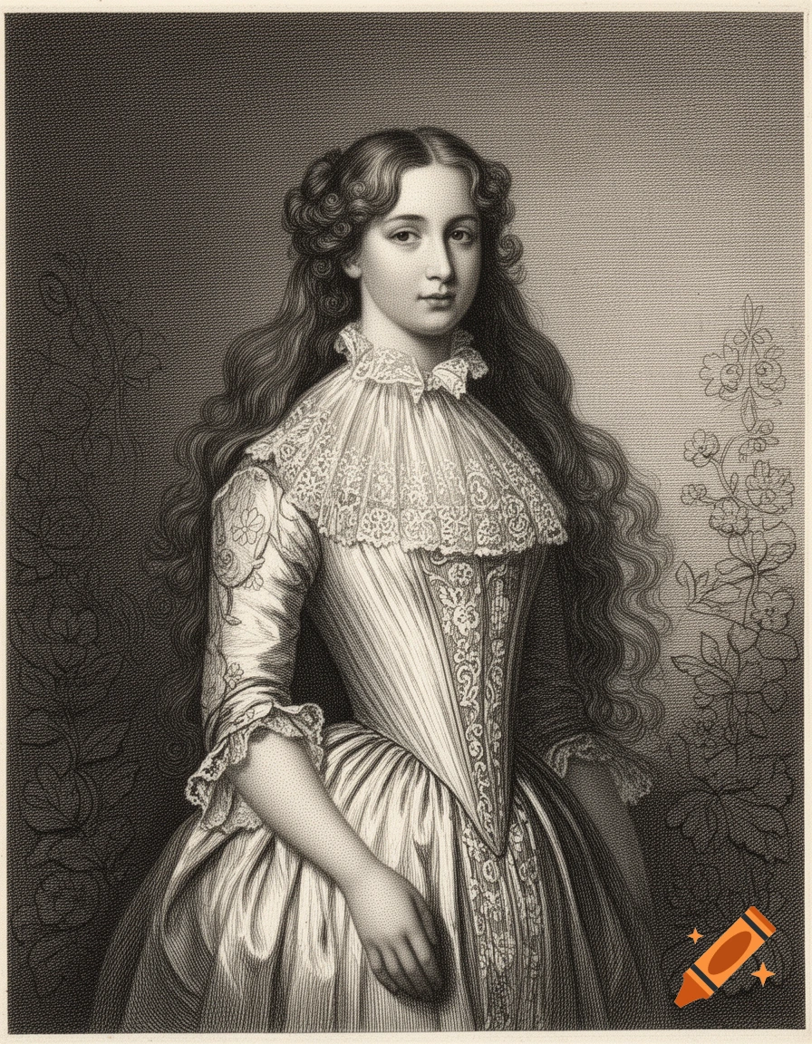 A grayscale engraving portrait of a young woman with long, curly hair, wearing an elaborate historical dress with a ruffled lace collar.