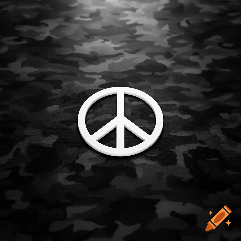 A white peace sign centered on a dark grey and black camouflage background.