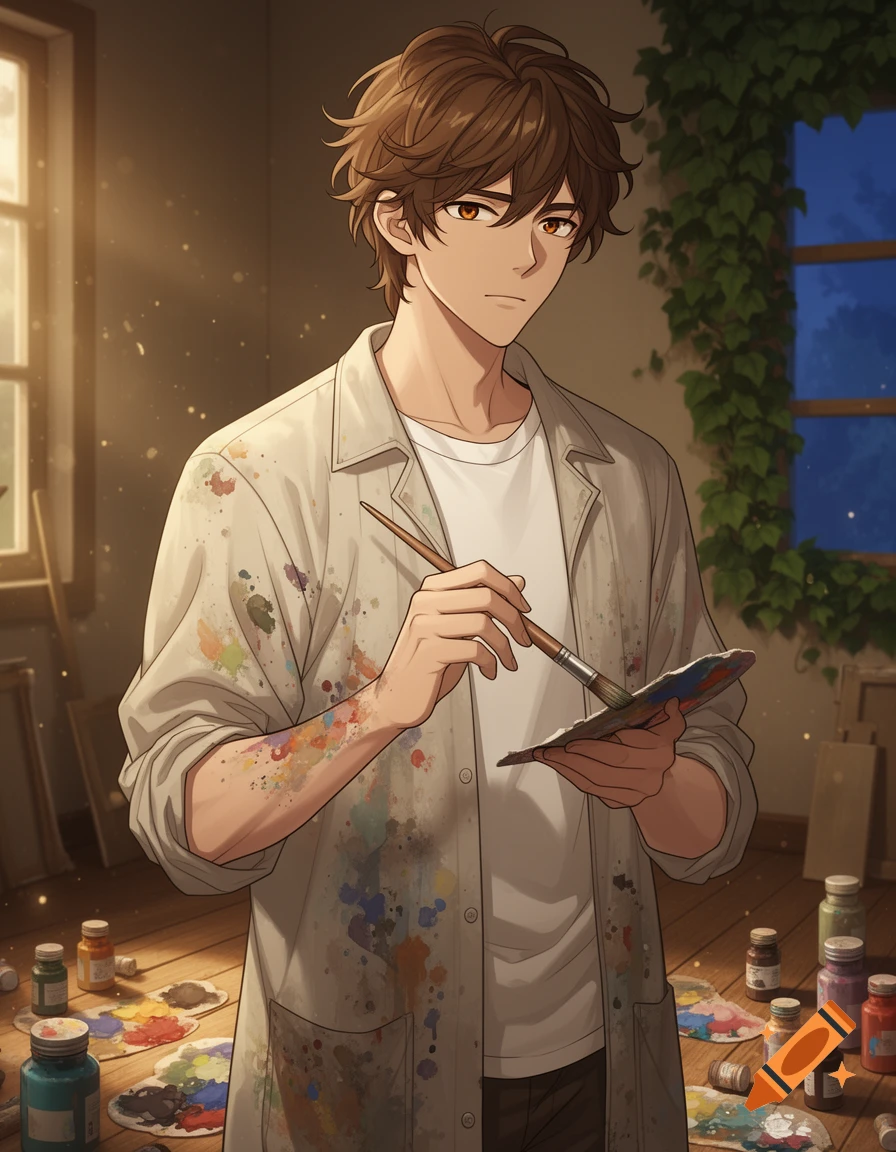 A semi-realistic anime man with messy brown hair holds a paintbrush and palette in an art studio splattered with paint.