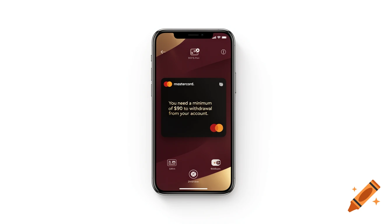 A smartphone displaying a dark red Mastercard app with a black pop-up stating: "You need a minimum of $90 to withdrawal from your account."