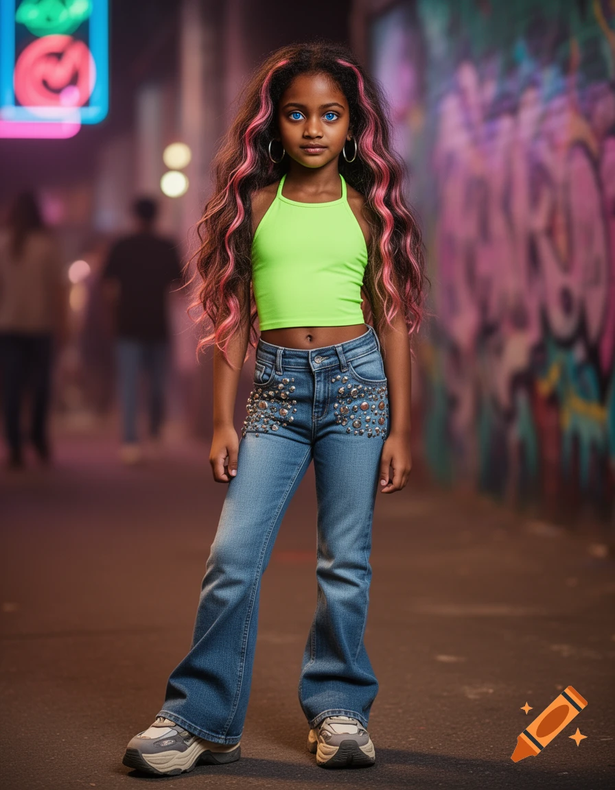 Dark-skinned girl with pink-highlighted hair and blue eyes in a neon green crop top and embellished jeans, standing in an urban alley.