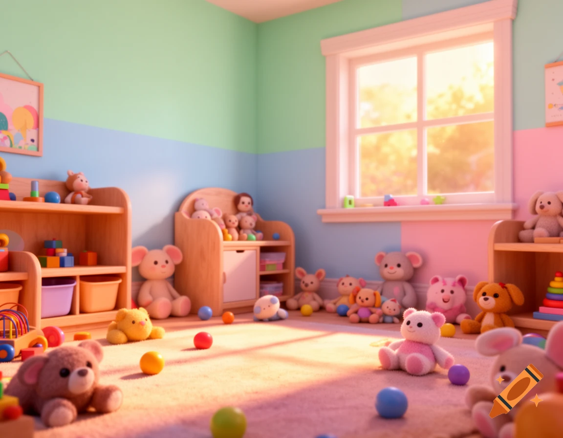 Bright, pastel-colored children's playroom with scattered plush toys, blocks, and wooden furniture, bathed in warm sunlight. 3D render.