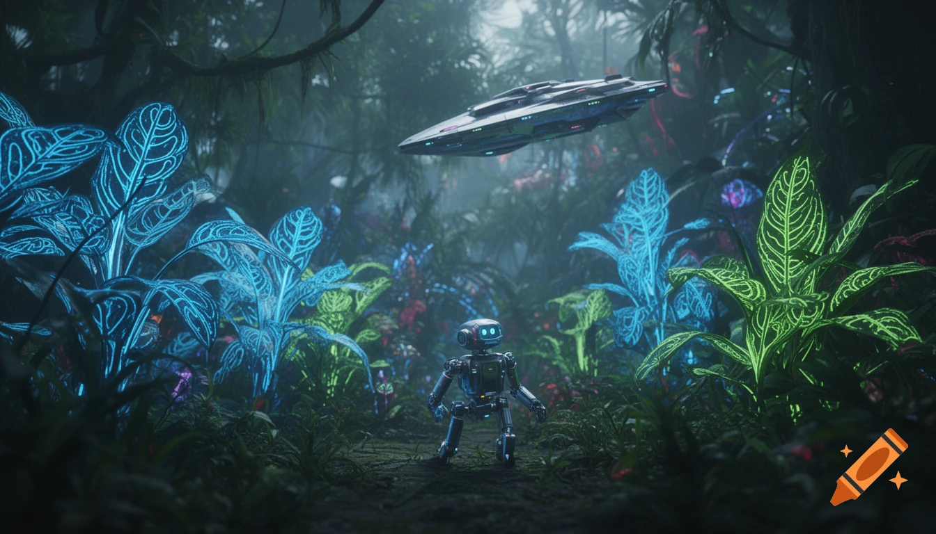 A tiny robot stands in a lush jungle with glowing blue and green plants, beneath a futuristic spaceship hovering in the misty sky.