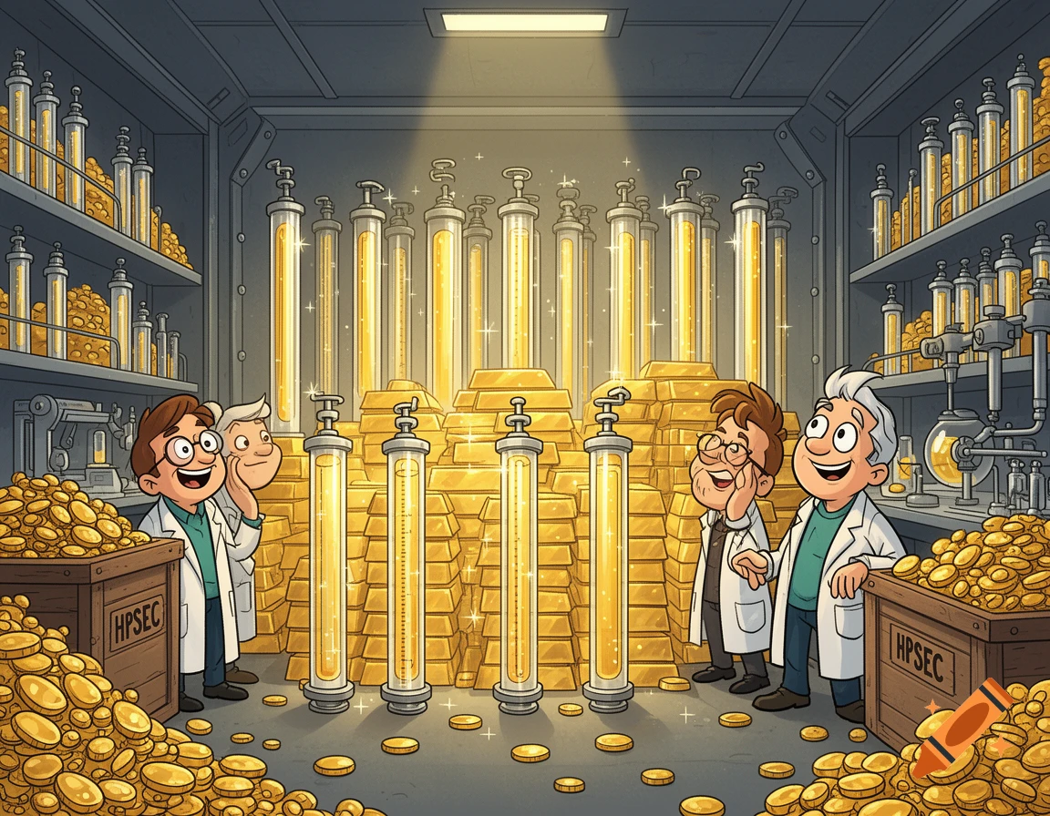 Cartoon scientists in lab coats admire tall, glowing chromatography columns and piles of gold coins and bars in a treasure vault.