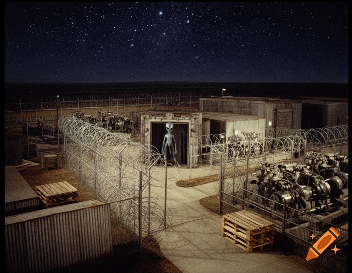 A grey alien stands in a barbed wire compound with machinery under a starry night sky, in a vintage photo style.
