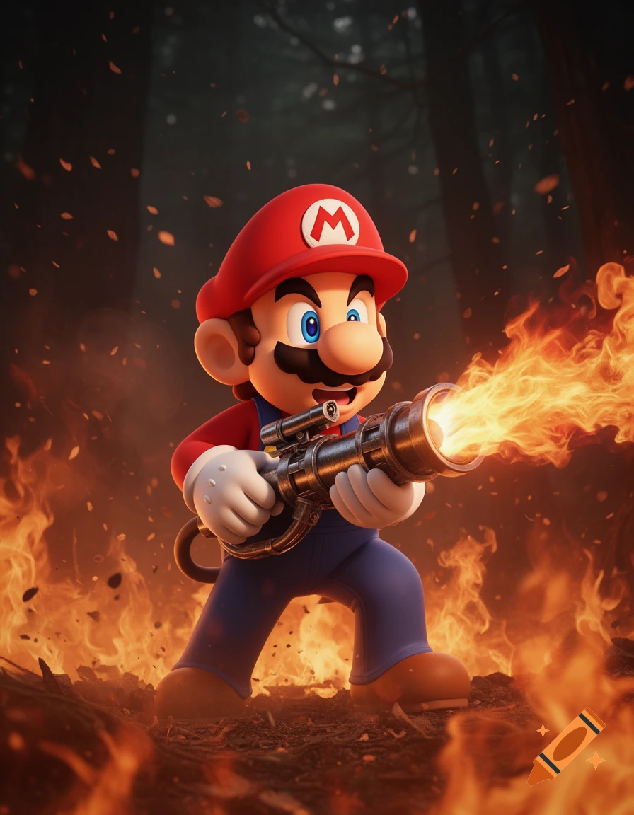 Stylized 3D rendered Mario with a flamethrower, surrounded by fire and embers in a dark, burning forest.