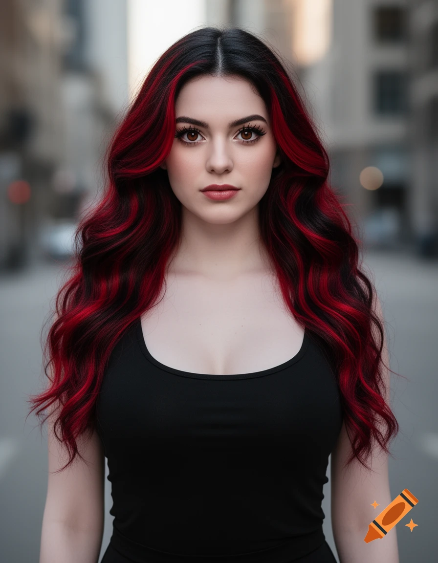 A photorealistic portrait of a woman with long wavy black and red hair, wearing a black tank top, looking directly at the viewer.