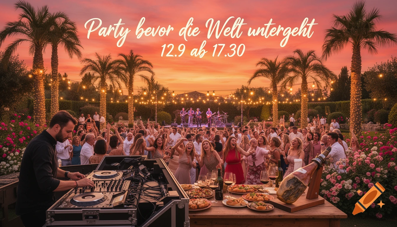 A vibrant summer garden party at sunset with a DJ, live band, dancing crowd, and a table with tapas and jamon.