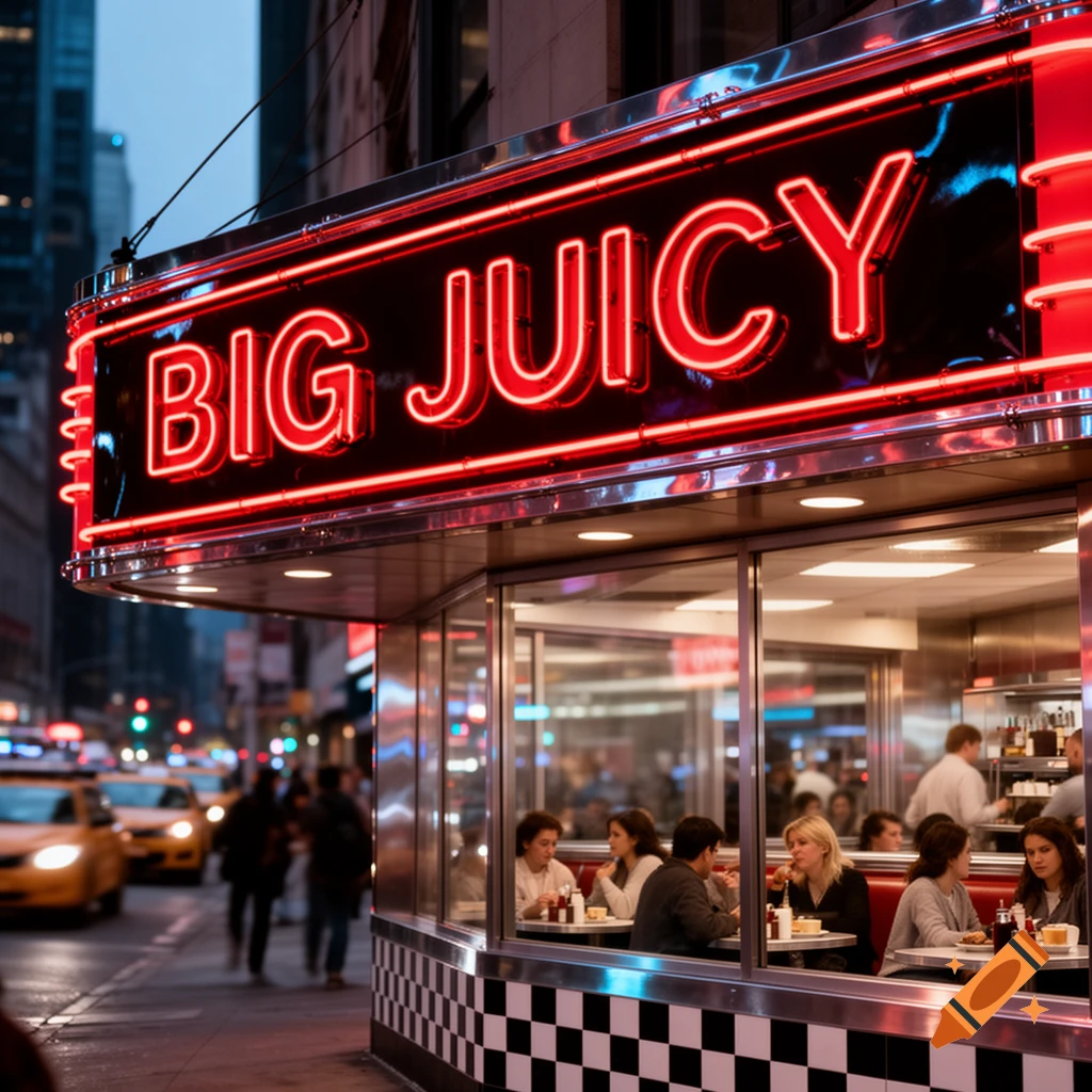 A brightly lit retro diner with a red 'BIG JUICY' neon sign at night on a busy city street, with people inside and yellow cabs outside.