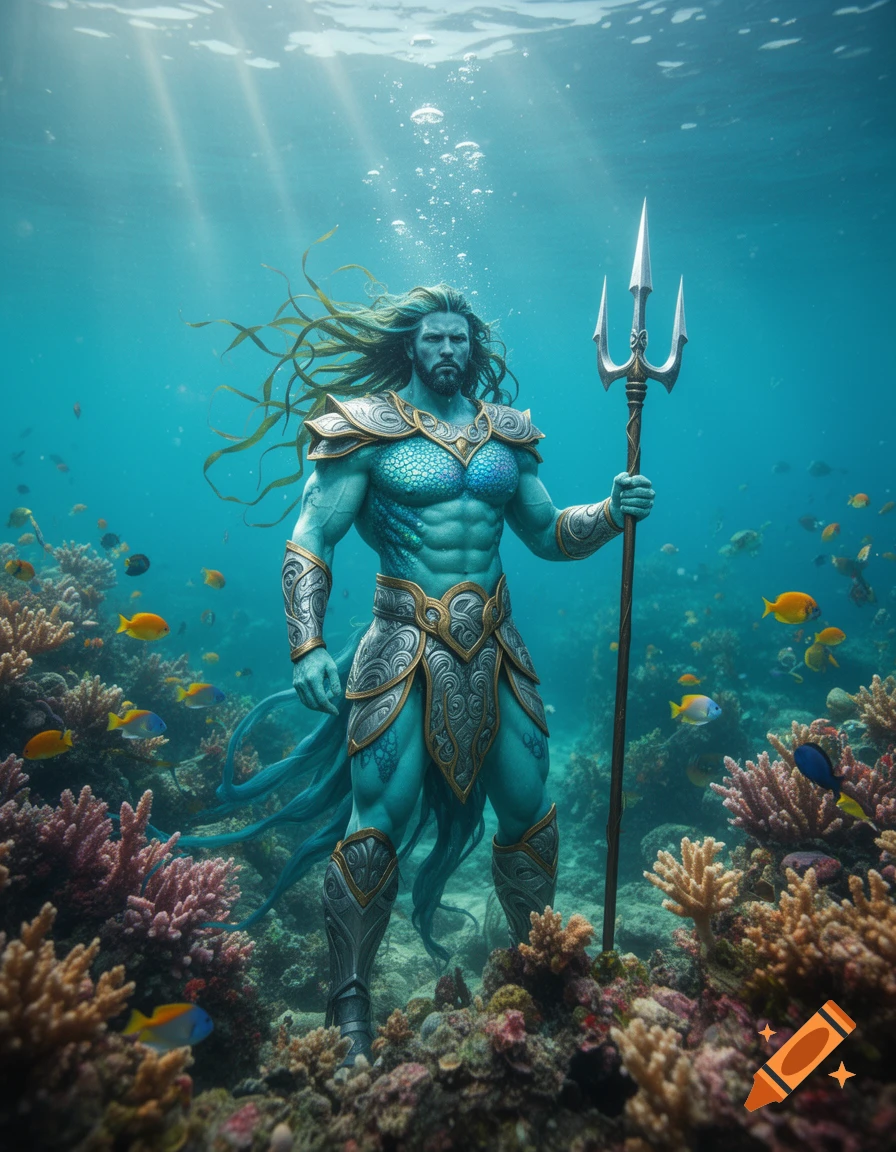 A muscular, blue-skinned Triton with long green hair and ornate armor stands underwater with a trident amidst colorful coral and fish.