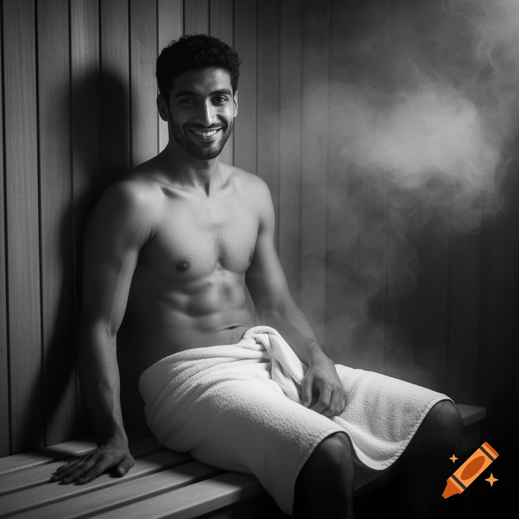 Black and white photorealistic image of a smiling, shirtless man in a towel, sitting in a steamy sauna.