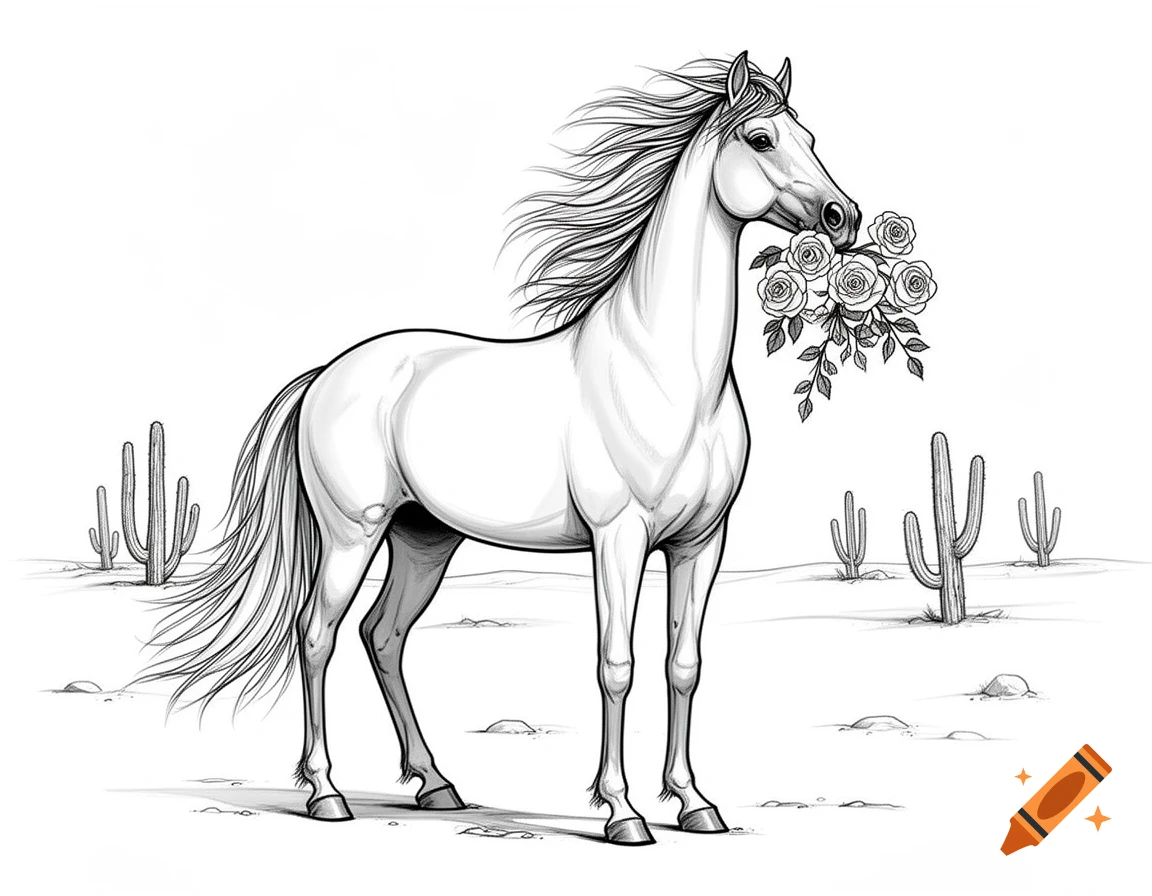 Black and white line art drawing of a majestic horse holding a bouquet of roses in its mouth, standing in a minimalist desert landscape with cacti.