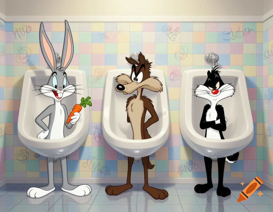 Bugs Bunny, Wile E. Coyote, and Sylvester the Cat stand at urinals in a colorful tiled cartoon bathroom.