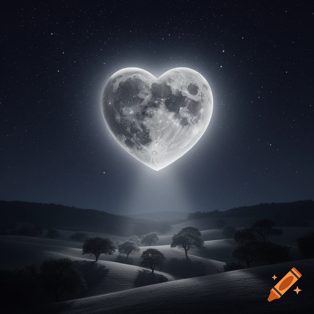 A full moon shaped like a heart glows in a starry night sky above rolling hills with scattered trees.
